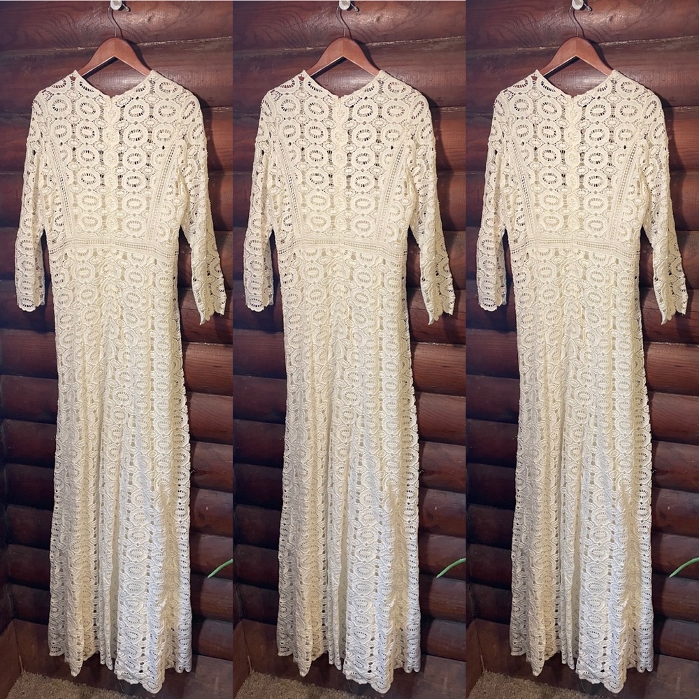 Ivy & Oak White Crochet Lace Long Sleeve Maxi Dress w/ Slip